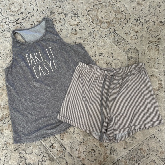 RAE DUNN | Gray 'Take It Easy' Tank Top and Striped Shorts Lounge Set - Picture 1 of 6